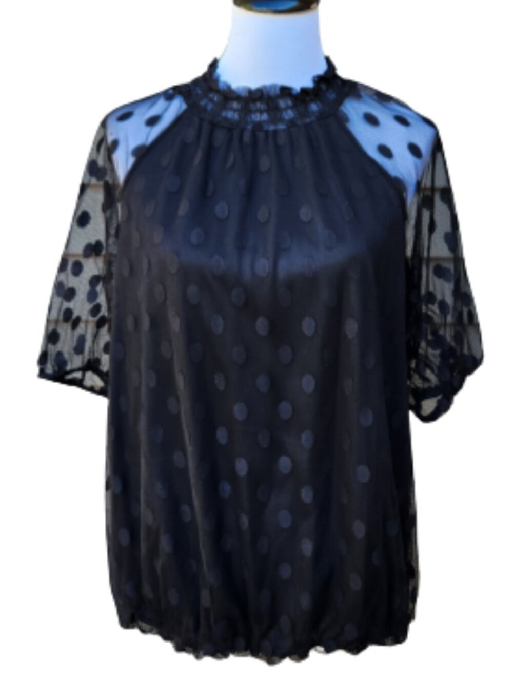 Ember Black Polka-Dot Blouse Mesh Raglan Sheer Sleeves High Neck Dressy